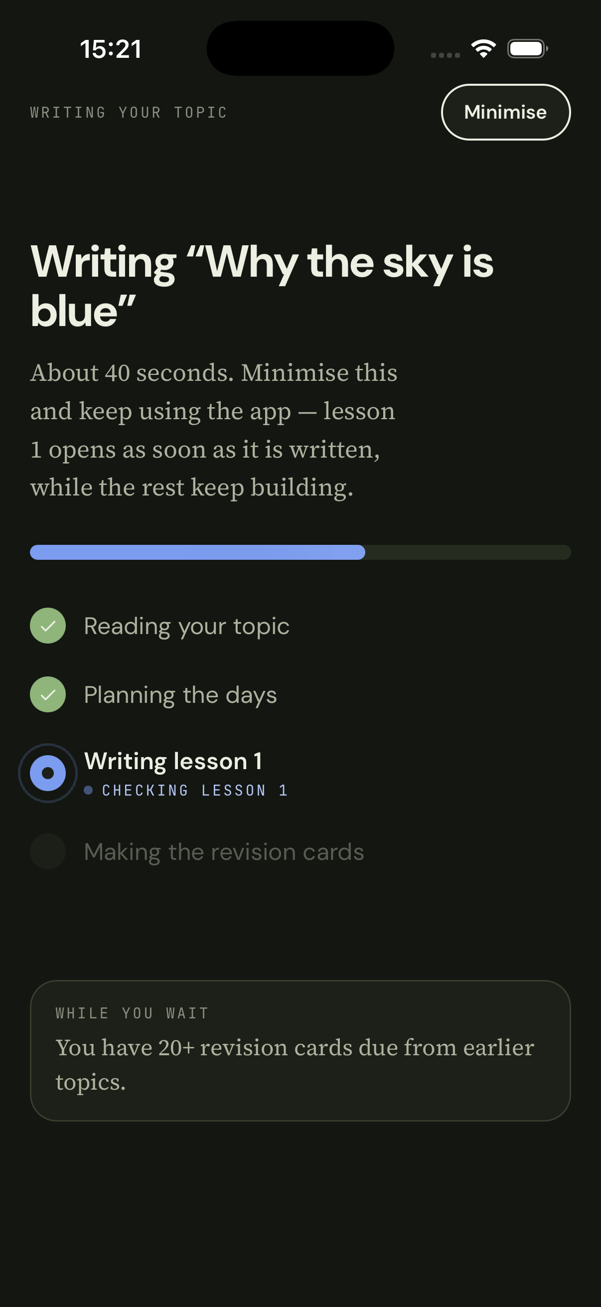 Question Avenue writing the topic “Why the sky is blue”, with lesson 1 being checked.