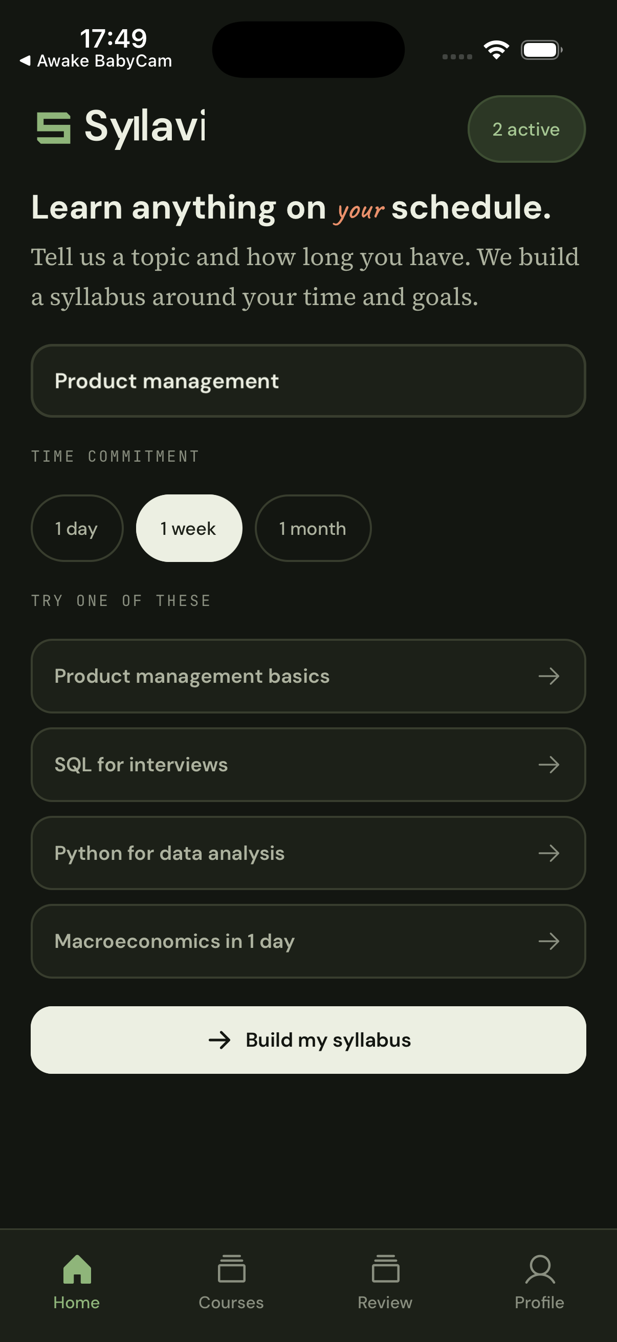 Syllavi app home screen showing a product management learning goal and a one-week time commitment.