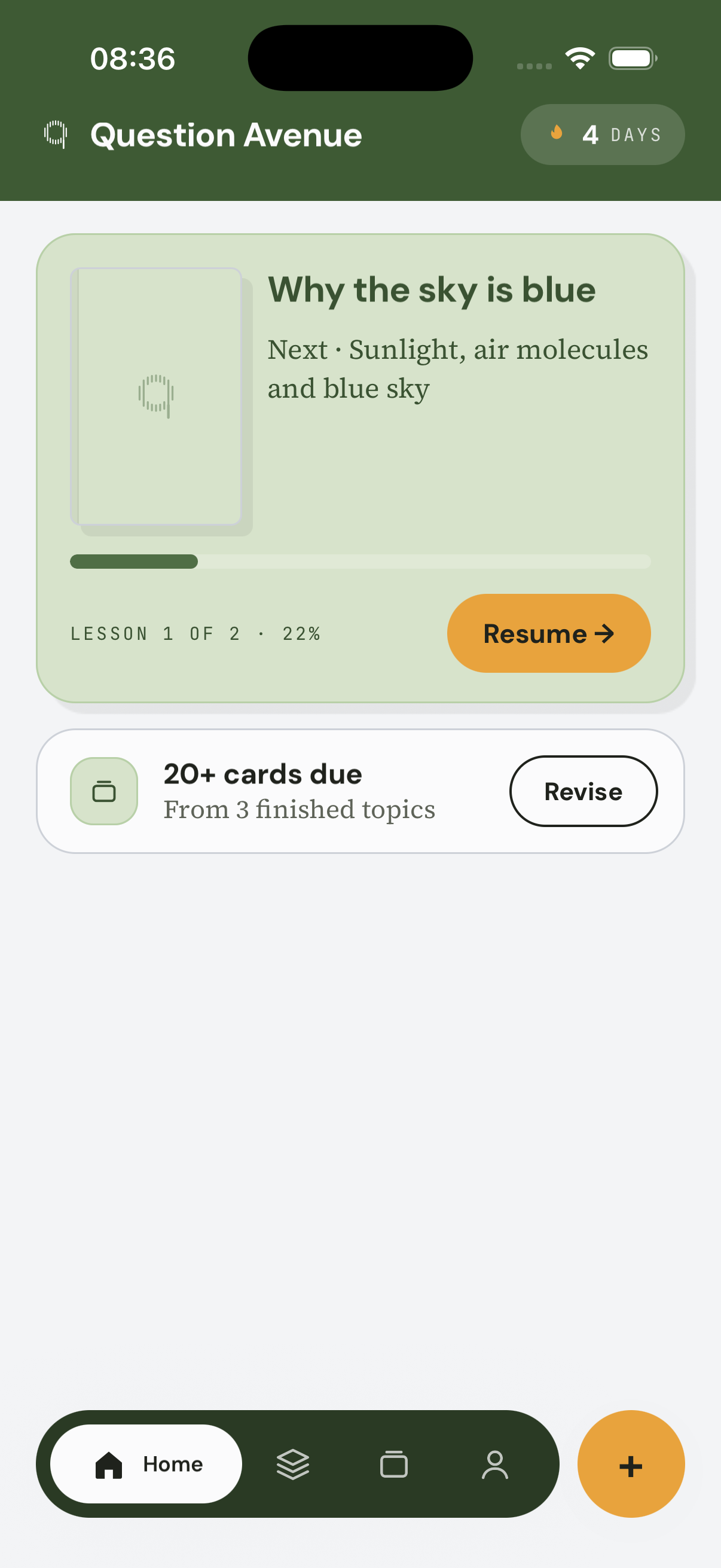 Question Avenue home screen with the course “Why the sky is blue” in progress and 20+ revision cards due.