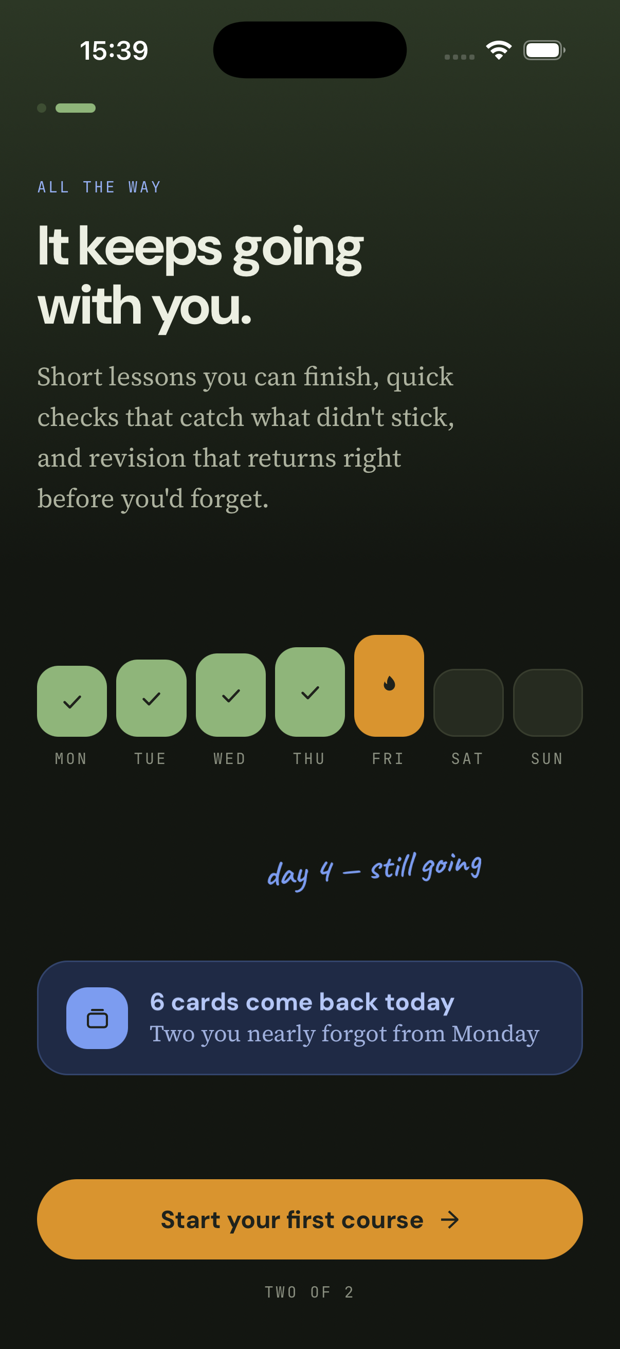 Question Avenue screen “It keeps going with you.” showing a four-day streak and six revision cards coming back today.